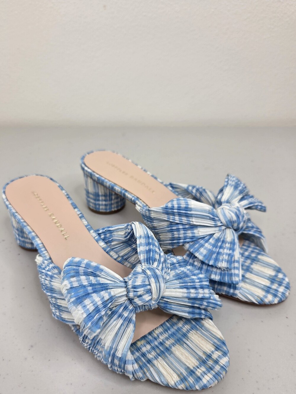 New Loeffler Randall Emilia Plaid Knot Blue Cream Bow Block-Heel Mules Sandals